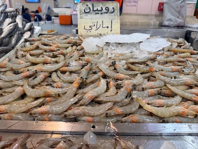 Shrimp and a wide variety of other seafood remain available at the fish market in Kuwait City's Sharq district despite the Iran war. Photo: Asmaa Abdulhaq