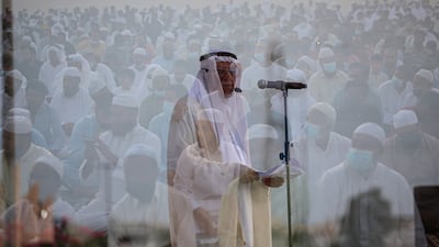 Emirati cleric Aref Sheikh leads Eid Al Adha prayers at Nad Al Hammar Musalla in Dubai. EPA