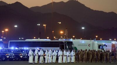 Saudi honor guards line up during a parade in preparation for the Hajj pilgrimage. AP