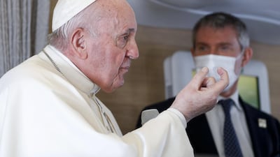 Pope Francis discusses his historic four-day tour of Iraq during the flight back to Rome on Monday. EPA