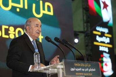 Algerian President Abdelmajid Tebboune makes a campaign speech in Algiers on September 3. Opinion polls suggest he has established a lead with voters EPA