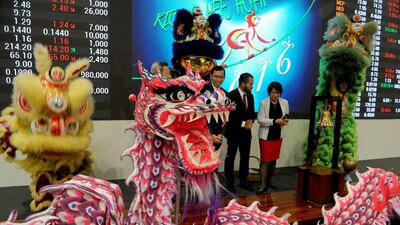 Officials from the Philippine Stock Exchange ring the opening bell to start the first day of trading for the Lunar New Year in Manila. Jay Directo / AFP