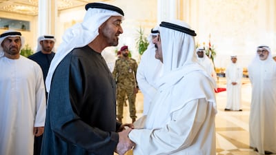UAE President Sheikh Mohamed bids farewell to Kuwait's Sheikh Meshal at Bayan Palace in Kuwait. UAE Presidential Court