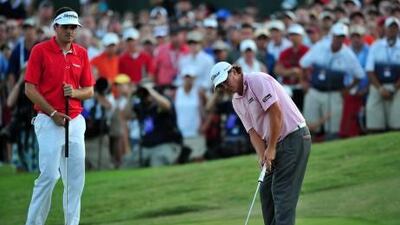 Keegan Bradley, left, and Jason Dufner took part in an all-American play-off at the US PGA Championship on Sunday.