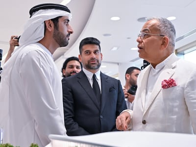 Sheikh Hamdan bin Mohammed, Crown Prince of Dubai, with PNC Menon, the founder and chairman of Sobha Realty, at the launch. Photo: Dubai Media Office