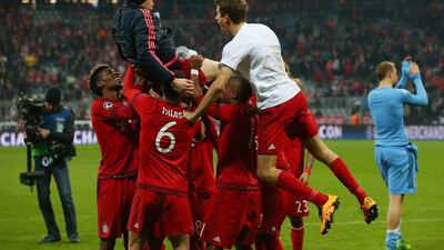Franck Ribery of Bayern Munich is lifted by his team mates to celebrate their 4-2 win in the Uefa Champions League round of 16, second Leg match between FC Bayern Munich and Juventus at the Allianz Arena on March 16, 2016 in Munich, Germany. (Photo by Alexander Hassenstein/Bongarts/Getty Images)