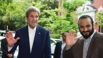 Prince Mohammed and John Kerry shared an iftar meal at the US secretary of state’s home. Molly Riley / AFP
