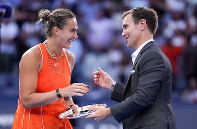 Aryna Sabalenka of Belarus receives the runner up trophy. EPA