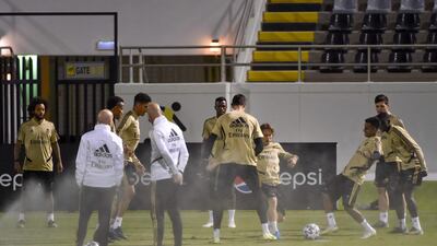 Real Madrid players conduct drills during a training session in Jeddah. AFP