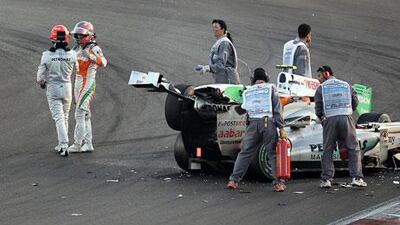 A crash between Michael Schumacher’s Mercedes GP and Force India’s Vitantonio Liuzzi at the Formula One Abu Dhabi Grand Prix last year was quickly dealt with by the marshals.