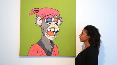 An artwork titled 'Bored Ape Yacht Club' at a gallery in London. The days of choosing a Bored Ape NFT over an Andy Warhol are probably long gone. EPA