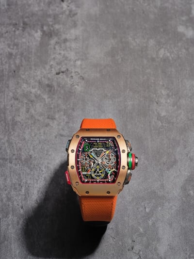 Richard Mille, reference RM65-01, pink gold semi-skeletonised split-seconds chronograph wristwatch. Photo: Sotheby's