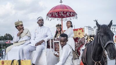 Orthodox Christians take part in a parade during Meskel celebrations in Addis Ababa, Ethiopia. AFP