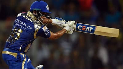 Mumbai Indians captain Rohit Sharma plays a shot against Rising Pune Supergiant at The Wankhede Stadium in Mumbai on April 24, 2017. Indranil Mukherjee / AFP