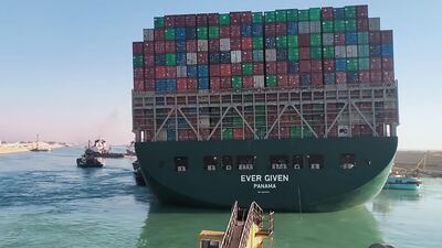 The container ship Ever Given moves towards Bitter Lake for inspection after it was refloated in the Suez Canal. AFP photo