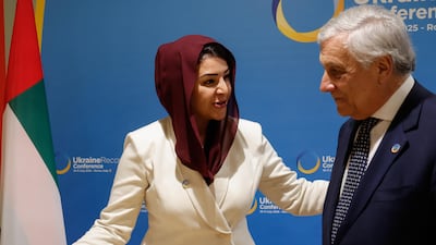 UAE Minister of State for International Co-operation Reem Al Hashimy meets Italy's Minister for Foreign Affairs Antonio Tajani at the Ukraine Recovery Conference in Rome. EPA