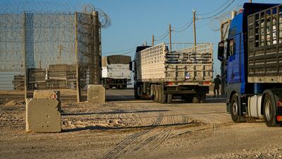 An aid convoy moves into the Gaza Strip from Israel on Monday, a few days after the BBC launched its fund-raising appeal for the besieged enclave. AP