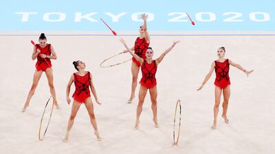 Team Bulgaria perform in the rhythmic gymnastics group all-around final.