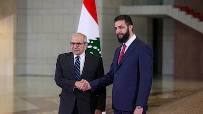 Nawaf Salam, left, the Lebanese Prime Minister, with Syrian President Ahmad Al Shara. Getty Images