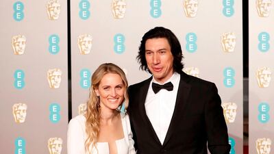 Joanne Tucker and Adam Driver at the 2019 Bafta Awards ceremony at the Royal Albert Hall in London, on February 10, 2019. Driver wore Burberry. AFP
