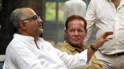 Producer Boney Kapoor and actor Saleem Khan attend the funeral of Krishna Raj Kapoor. AFP