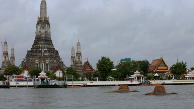 Giant Spinosaurus installations float on the Chao Phraya River, during the 'Jurassic World: Rebirth' movie promotional event in Bangkok, Thailand. EPA