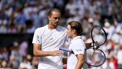 Alexander Zverev, left, greets Arthur Fery after winning the Wimbledon semi-final. EPA