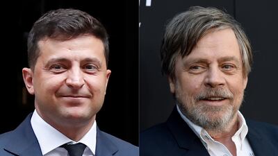 Ukraine's President Volodymyr Zelenskyy and actor Mark Hamill. AP