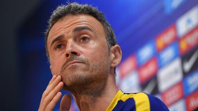 Barcelona manager Luis Enrique shown at a press conference on Saturday ahead of his team's La Liga match on Sunday. Lluis Gene / AFP / April 16, 2016