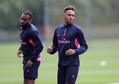 Arsenal's Pierre-Emerick Aubameyang, right, with Alexandre Lacazette in training. Action Images via Reuters