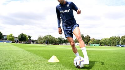 Chelsea forward Hakim Ziyech takes part in a training session at the Chelsea training ground.