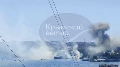 Smoke rising from the headquarters of Russia’s Black Sea Fleet in Sevastopol in Crimea, after a Ukrainian missile strike on Friday. AP