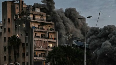 A building collapses after an Israeli air strike in Beirut’s Bachoura neighbourhood on March 18, 2026. AFP