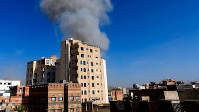 Smoke billows following an air strike in the Yemeni capital Sanaa. Saudi-led coalition warplanes struck Yemeni rebel targets, including in the capital Sanaa two days after the insurgents claimed drone strikes that shut a key oil pipeline in the neighbouring kingdom. AFP