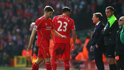 Liverpool’s Steven Gerrard entered the pitch against Manchester United as a half-time substitute on Sunday and was dismissed with a red card 41 seconds later. Alex Livesey / Getty Images