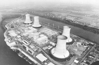 An aerial view of the Three Mile Island nuclear plant in 1979. MPI/Getty Images