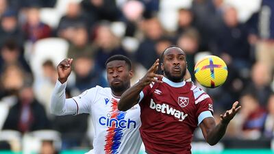 Crystal Palace's Marc Guehi and West Ham's Michail Antonio battle. PA