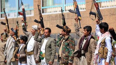Fighters loyal to the Houthi authorities take part in a rally to recruit more fighters, in Sanaa. AFP