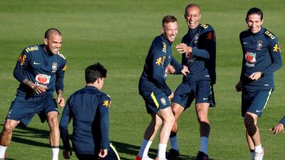 Brazil players take part in drills during a training session in Porto Alegre. EPA