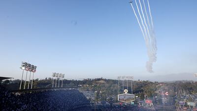 Vintage planes fly over Dodger Stadium in Los Angeles, California, before game three of the MLB World Series between the Toronto Blue Jays and the Los Angeles Dodgers. EPA