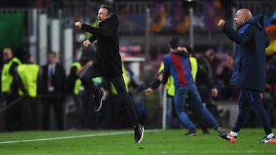 Barcelona manager Luis Enrique in full celebration after his side take a late 6-1 lead. Michael Regan / Getty Images