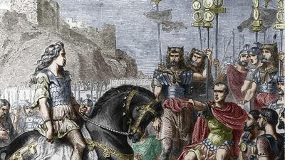 Vercingetorix's surrender to Caesar in Alesia in the Gallic Wars of 52 BC. Apic / Getty