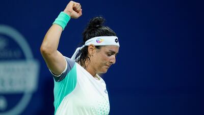 Ons Jabeur celebrates after her 7-5, 6-1 victory against Madison Keys. AP