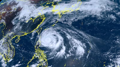 A satellite image shows Mawar approaching the Philippines. AP