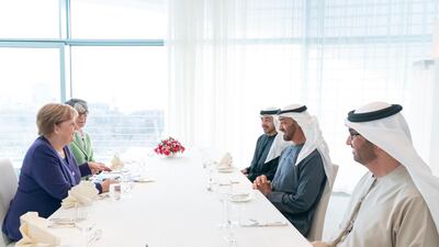 Sheikh Mohamed bin Zayed, Crown Prince of Abu Dhabi and Deputy Supreme Commander of the UAE Armed Forces, meets Angela Merkel, Chancellor of Germany. The meeting was also attended by Sheikh Abdullah bin Zayed, Minister of Foreign Affairs and International Co-operation, and Dr Sultan Al Jaber, UAE Minister of State. Ministry of Presidential Affairs