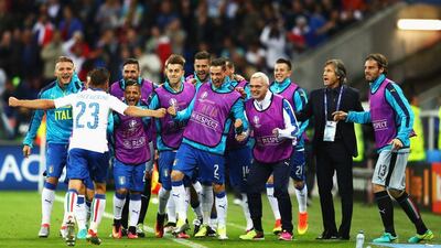 Emanuele Giaccherini of Italy celebrates scoring his team’s first goal with his teammates during the Uefa Euro 2016 Group E match between Belgium and Italy at Stade des Lumieres on June 13, 2016 in Lyon, France. (Michael Steele/Getty Images)