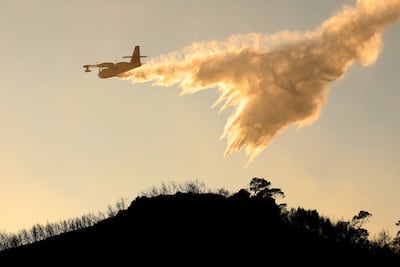 A firefighting plane drops water during a wildfire in Greece. Reuters