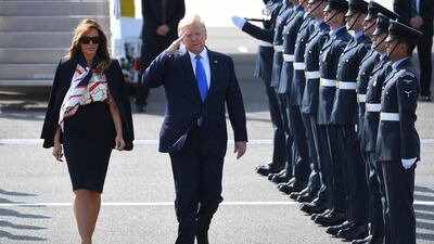 US President Donald Trump and First Lady Melania Trump arrive at Stansted Airport in London, England. President Trump's three-day state visit will include lunch with the Queen, and a State Banquet at Buckingham Palace, as well as business meetings with the Prime Minister and the Duke of York, before travelling to Portsmouth to mark the 75th anniversary of the D-Day landings. Getty