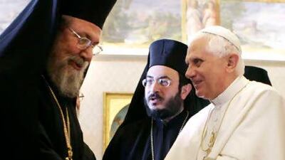 Pope Benedict XVI and the Orthodox archbishop of Cyprus, Chrysostomos II, met at the Vatican in 2007. The pope and the archbishop called for an "honest dialogue" between religions of the Middle East.
