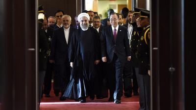 All 195 nations in the UN General Assembly agreed to 17 sustainable development goals, described as a ‘defining moment in human history’ by UN secretary general Ban Ki-moon, left. John Moore / Getty Images